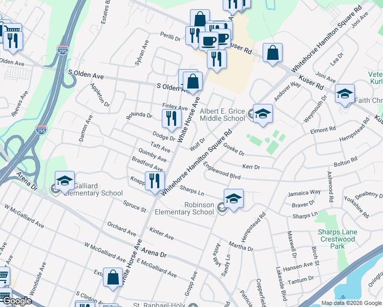map of restaurants, bars, coffee shops, grocery stores, and more near 7 Wolf Drive in Trenton