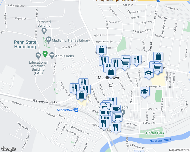 map of restaurants, bars, coffee shops, grocery stores, and more near 441 North Spring Street in Middletown