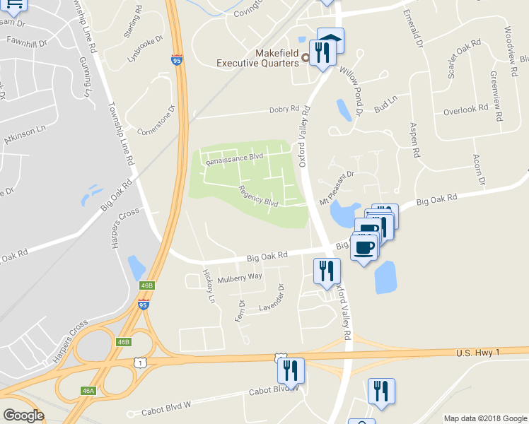 map of restaurants, bars, coffee shops, grocery stores, and more near 175 Haines Way in Yardley