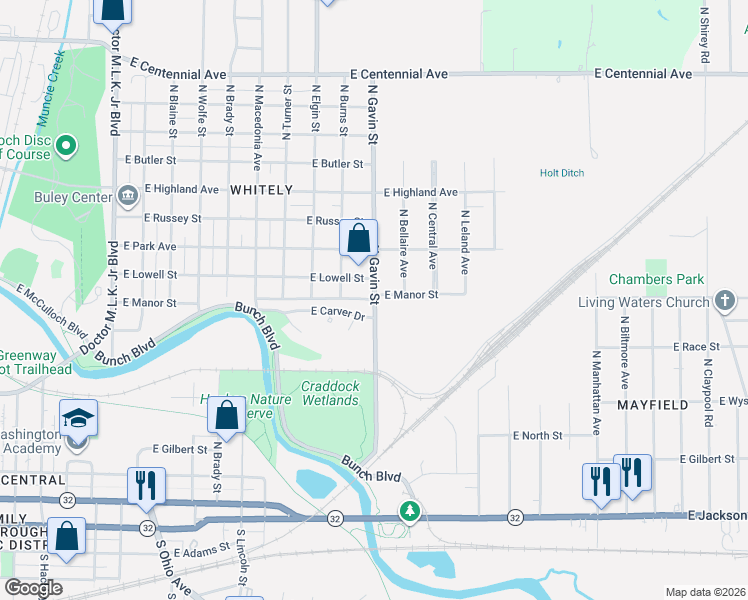 map of restaurants, bars, coffee shops, grocery stores, and more near 2099 East Manor Street in Muncie
