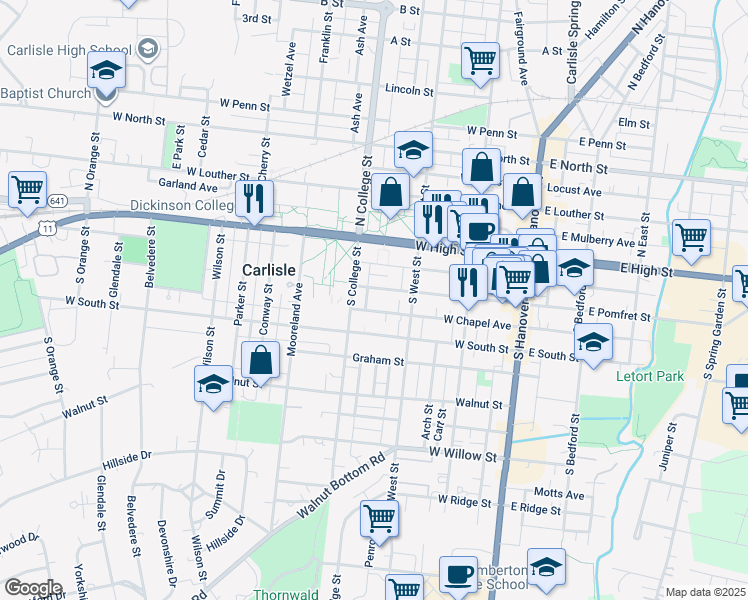 map of restaurants, bars, coffee shops, grocery stores, and more near 262 West Pomfret Street in Carlisle