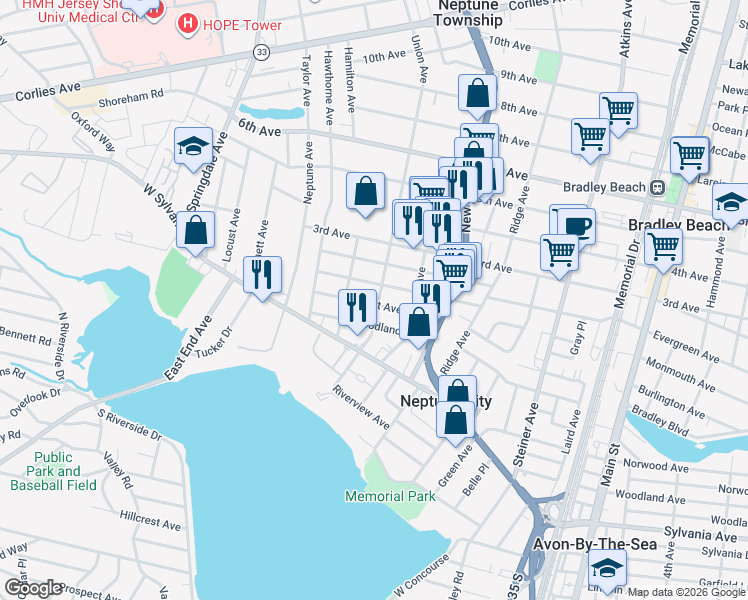 map of restaurants, bars, coffee shops, grocery stores, and more near 67 Union Avenue in Neptune City