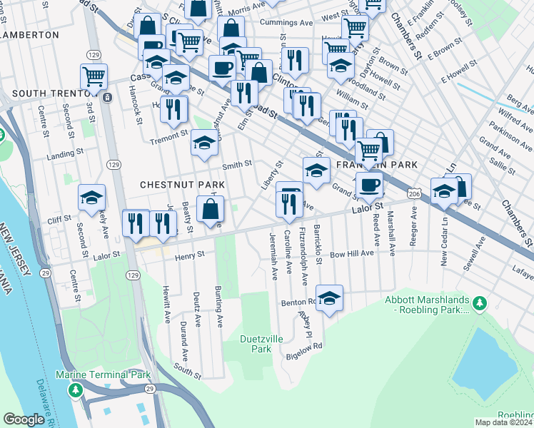 map of restaurants, bars, coffee shops, grocery stores, and more near 32 Dresden Avenue in Trenton
