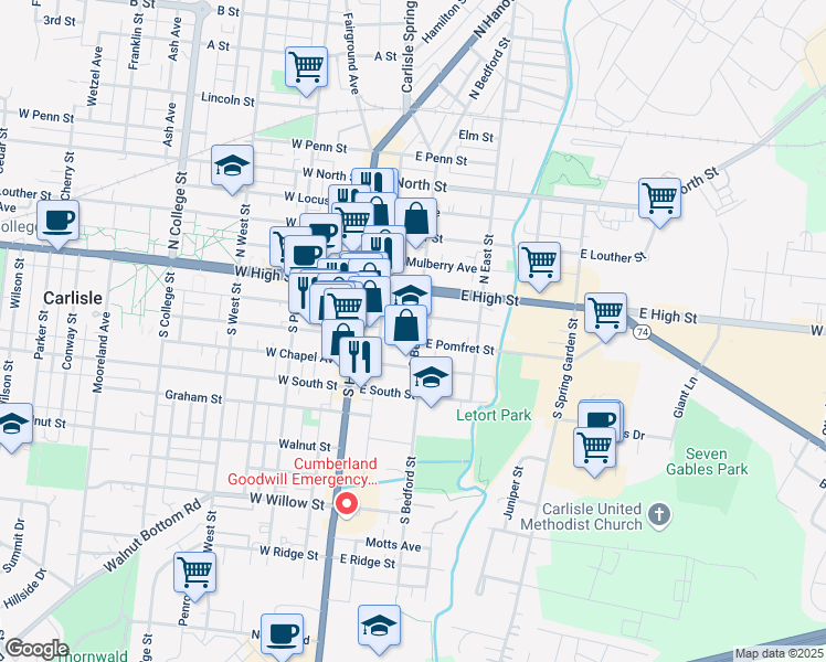 map of restaurants, bars, coffee shops, grocery stores, and more near 52 South Bedford Street in Carlisle