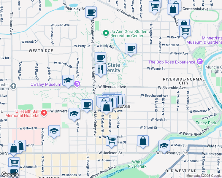 map of restaurants, bars, coffee shops, grocery stores, and more near 1617 West Riverside Avenue in Muncie