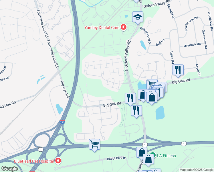 map of restaurants, bars, coffee shops, grocery stores, and more near 181 Fillmore Way in Yardley