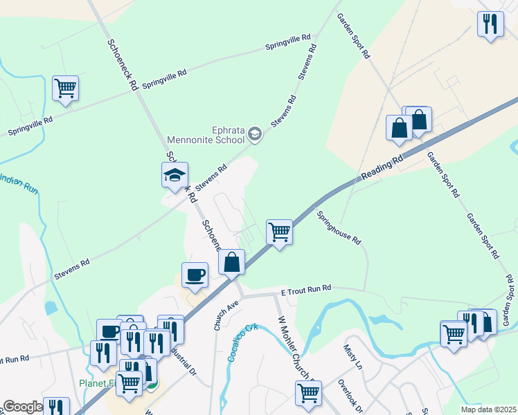 map of restaurants, bars, coffee shops, grocery stores, and more near 501 Alexander Drive in Ephrata