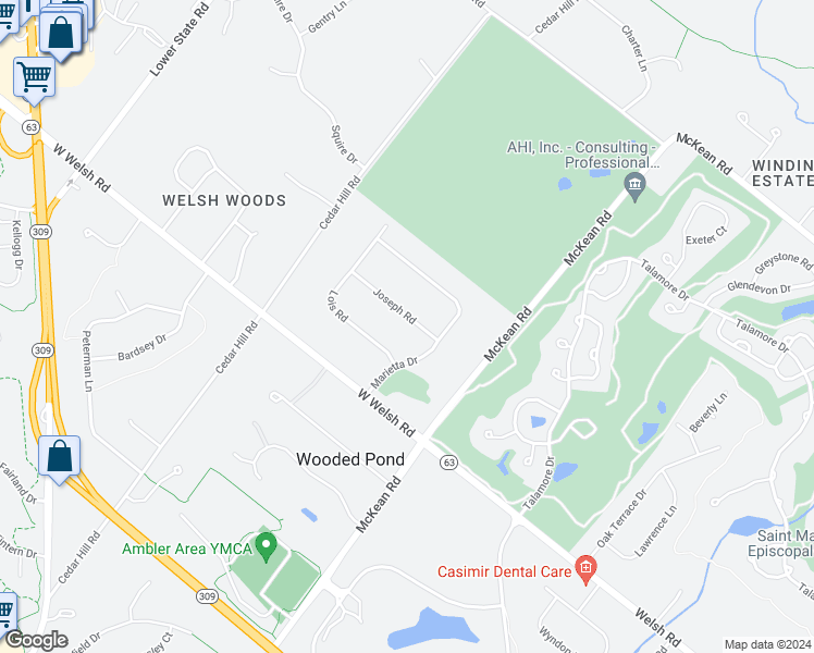 map of restaurants, bars, coffee shops, grocery stores, and more near 1215 Joseph Road in Ambler