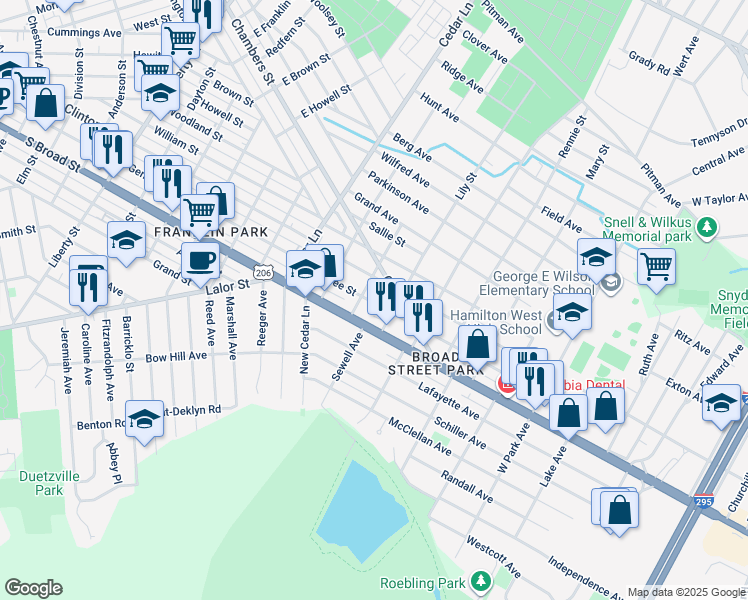 map of restaurants, bars, coffee shops, grocery stores, and more near 1614 Genesee Street in Hamilton Township