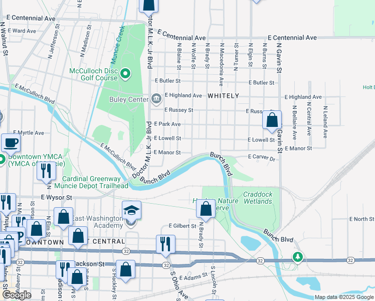 map of restaurants, bars, coffee shops, grocery stores, and more near 1414 East Manor Street in Muncie