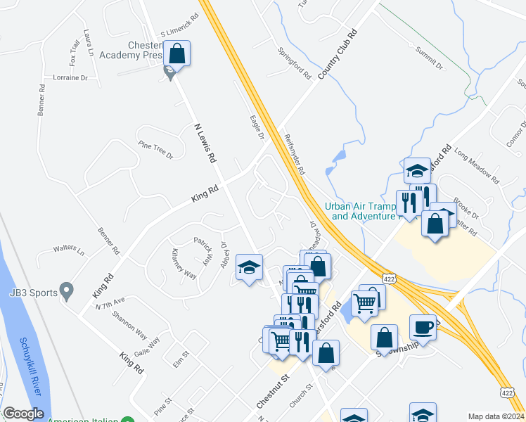map of restaurants, bars, coffee shops, grocery stores, and more near 1712 Foxmeadow Circle in Royersford