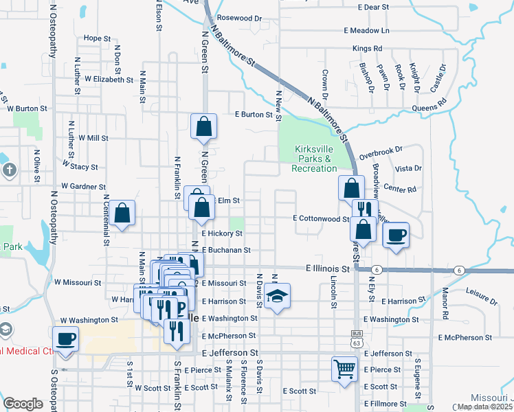 map of restaurants, bars, coffee shops, grocery stores, and more near 709 North Davis Street in Kirksville