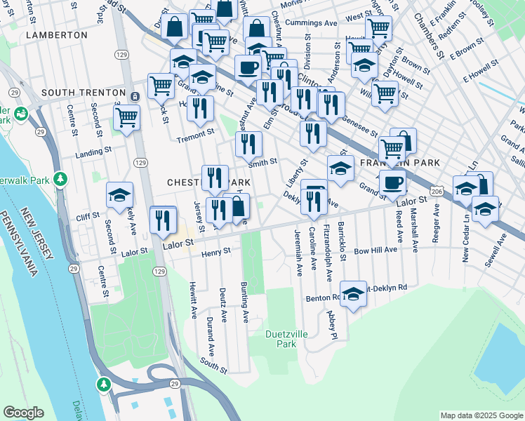 map of restaurants, bars, coffee shops, grocery stores, and more near 1926 Chestnut Ave in Trenton