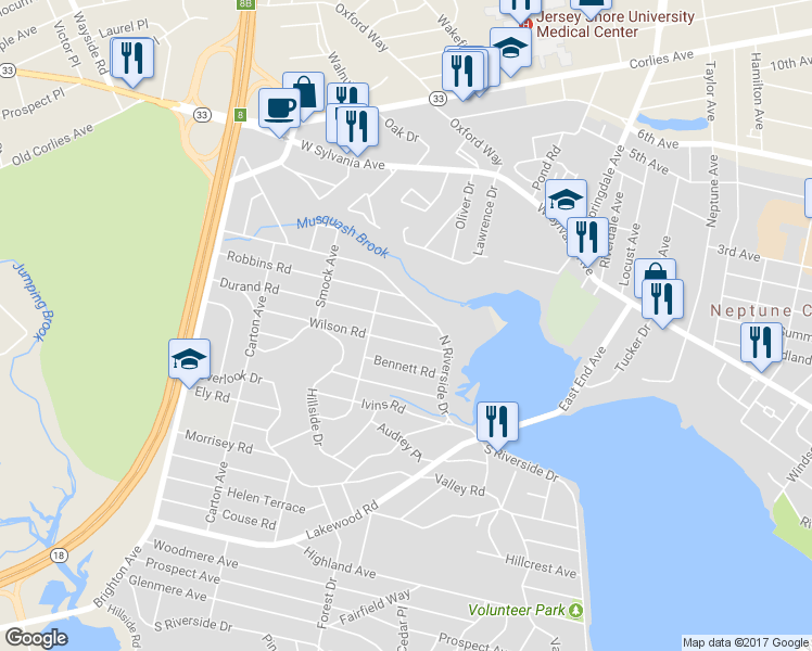 map of restaurants, bars, coffee shops, grocery stores, and more near 110 Durand Road in Neptune City