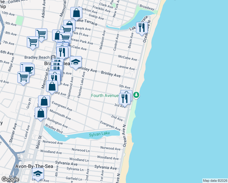 map of restaurants, bars, coffee shops, grocery stores, and more near 204 4th Avenue in Bradley Beach