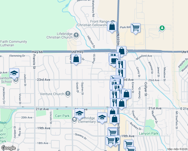 map of restaurants, bars, coffee shops, grocery stores, and more near 939 Tiffany Place in Longmont