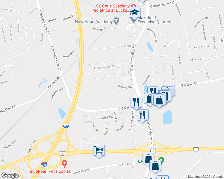 map of restaurants, bars, coffee shops, grocery stores, and more near 181 Fillmore Way in Yardley