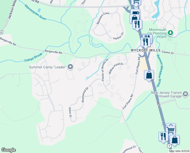 map of restaurants, bars, coffee shops, grocery stores, and more near 311 Balsam Court in Howell Township