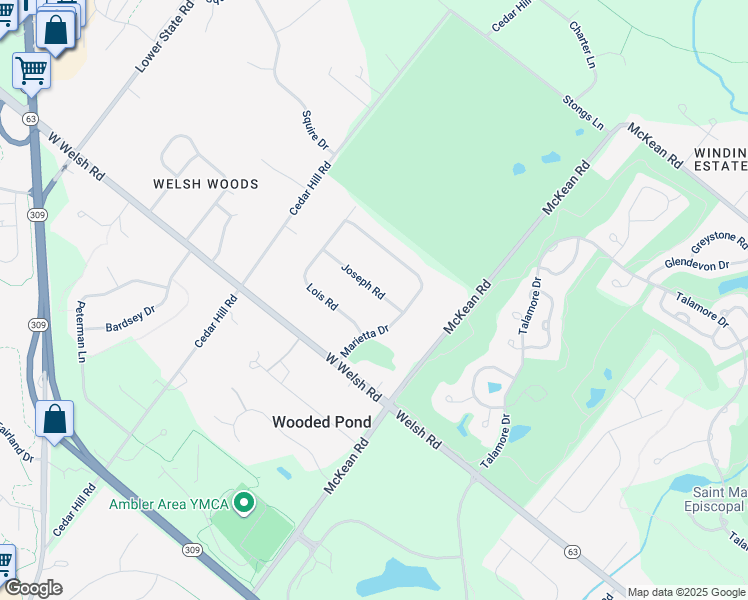 map of restaurants, bars, coffee shops, grocery stores, and more near 1215 Joseph Road in Ambler
