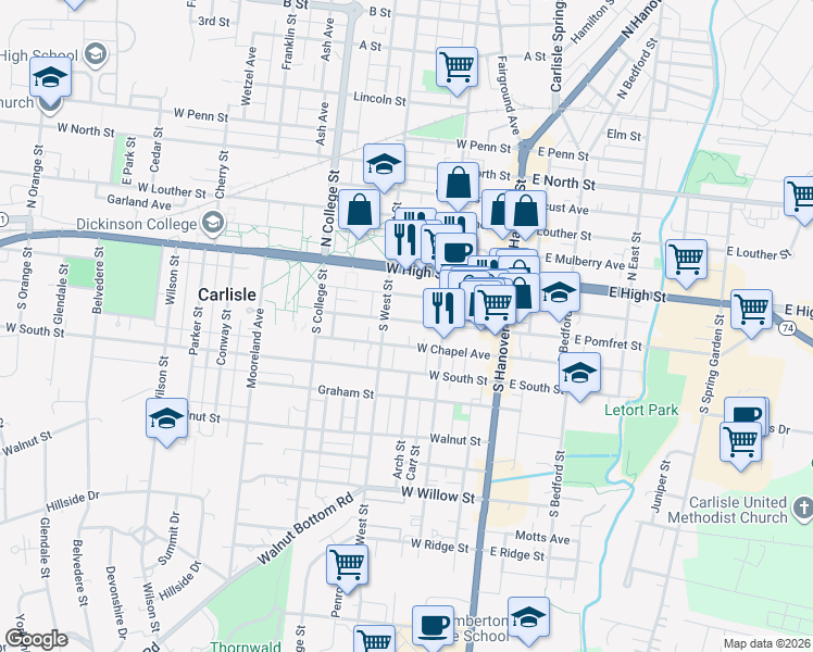 map of restaurants, bars, coffee shops, grocery stores, and more near 140 West Pomfret Street in Carlisle