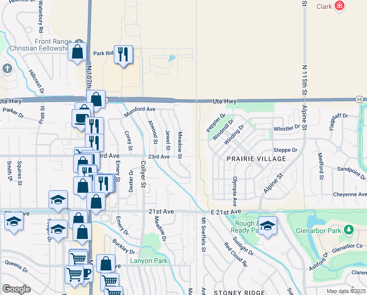 map of restaurants, bars, coffee shops, grocery stores, and more near 20 Martinez Place in Longmont