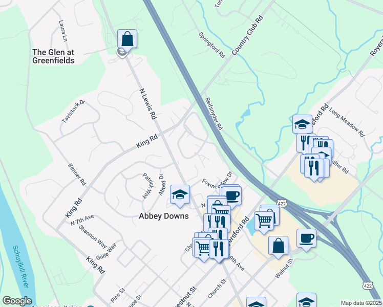 map of restaurants, bars, coffee shops, grocery stores, and more near 1710 Foxmeadow Circle in Royersford