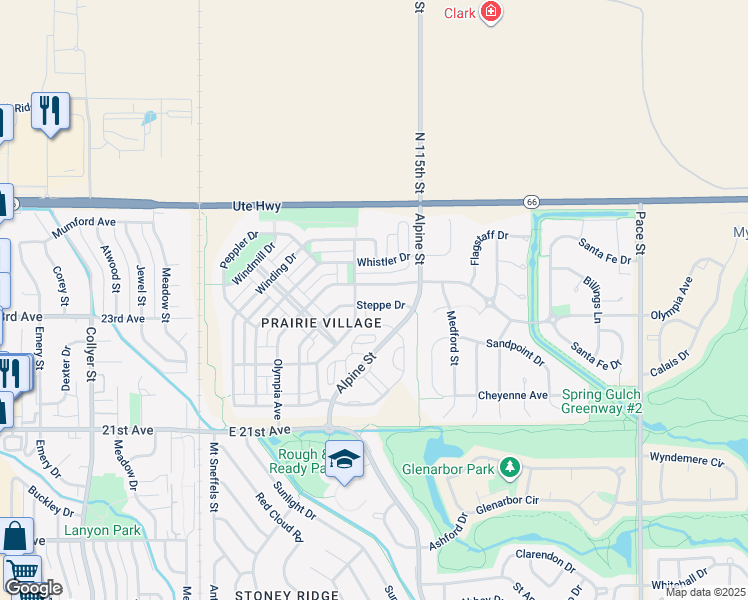 map of restaurants, bars, coffee shops, grocery stores, and more near 2412 Steppe Drive in Longmont