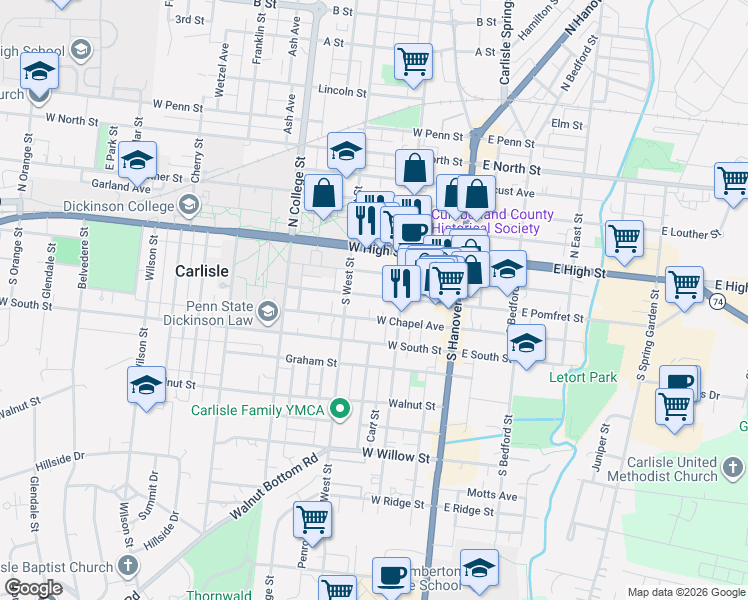 map of restaurants, bars, coffee shops, grocery stores, and more near 140 West Pomfret Street in Carlisle