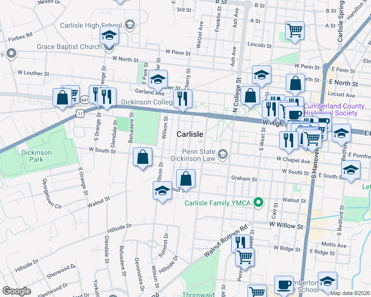 map of restaurants, bars, coffee shops, grocery stores, and more near 132 Conway Street in Carlisle