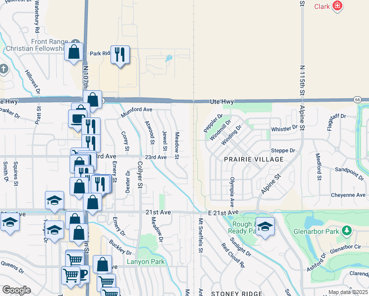 map of restaurants, bars, coffee shops, grocery stores, and more near 20 Martinez Place in Longmont