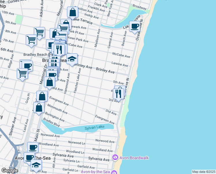 map of restaurants, bars, coffee shops, grocery stores, and more near 204 4th Avenue in Bradley Beach