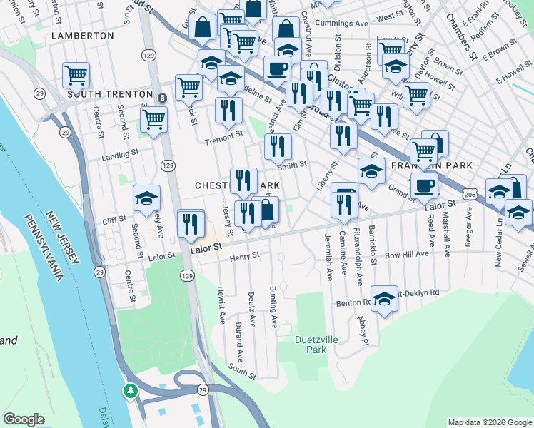 map of restaurants, bars, coffee shops, grocery stores, and more near 529 Home Avenue in Trenton