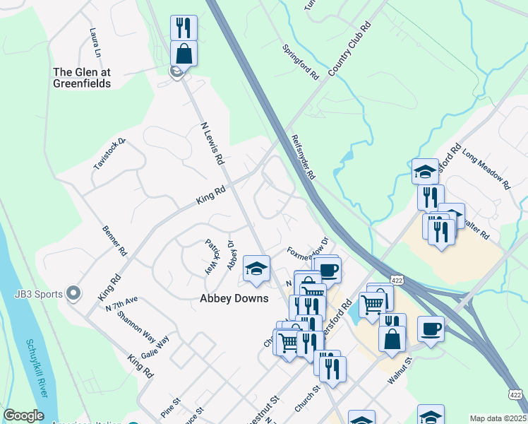 map of restaurants, bars, coffee shops, grocery stores, and more near 376 North Lewis Road in Royersford