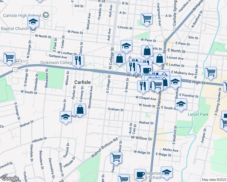 map of restaurants, bars, coffee shops, grocery stores, and more near 260 West Pomfret Street in Carlisle