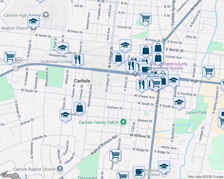 map of restaurants, bars, coffee shops, grocery stores, and more near 260 West Pomfret Street in Carlisle