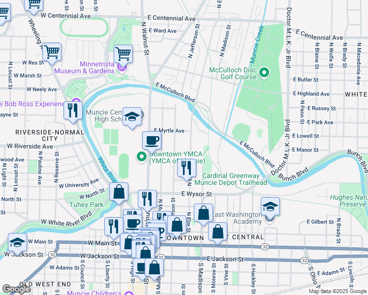 map of restaurants, bars, coffee shops, grocery stores, and more near 715 North Elm Street in Muncie