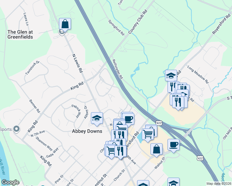 map of restaurants, bars, coffee shops, grocery stores, and more near 1104 Foxmeadow Drive in Royersford
