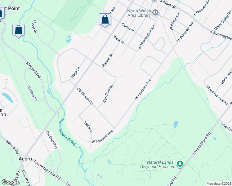 map of restaurants, bars, coffee shops, grocery stores, and more near 204 Spruce Circle in North Wales