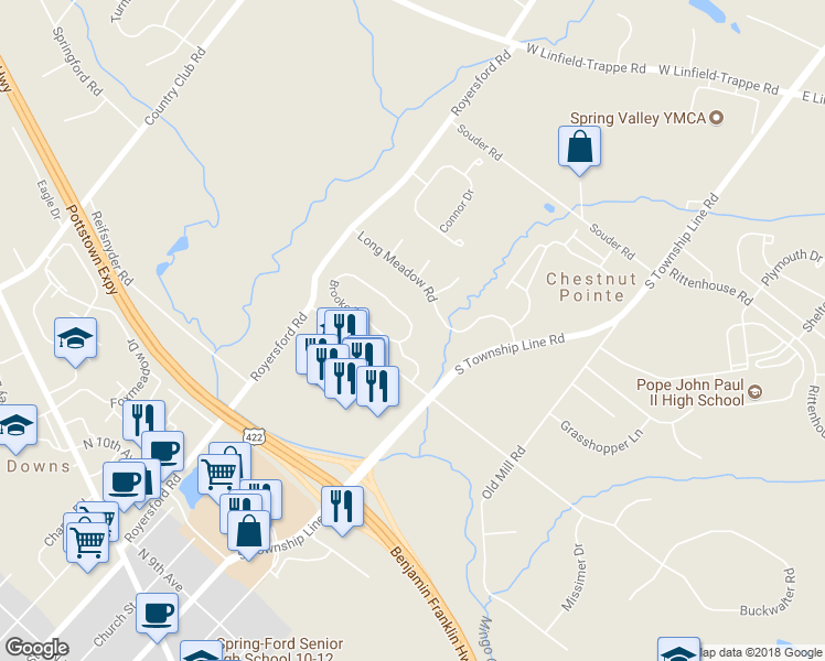 map of restaurants, bars, coffee shops, grocery stores, and more near 362 Brooke Drive in Royersford
