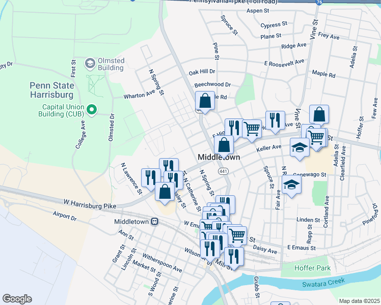 map of restaurants, bars, coffee shops, grocery stores, and more near 447 North Spring Street in Middletown
