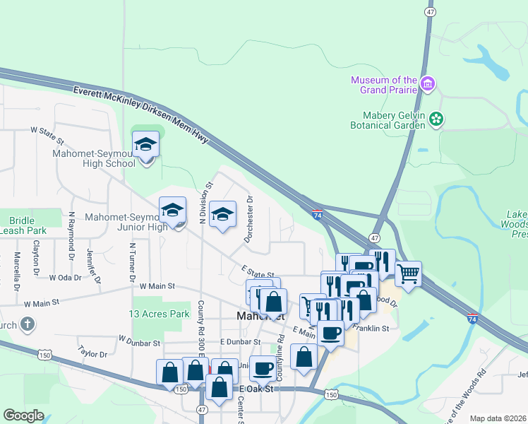 map of restaurants, bars, coffee shops, grocery stores, and more near 411 Weathering Drive in Mahomet