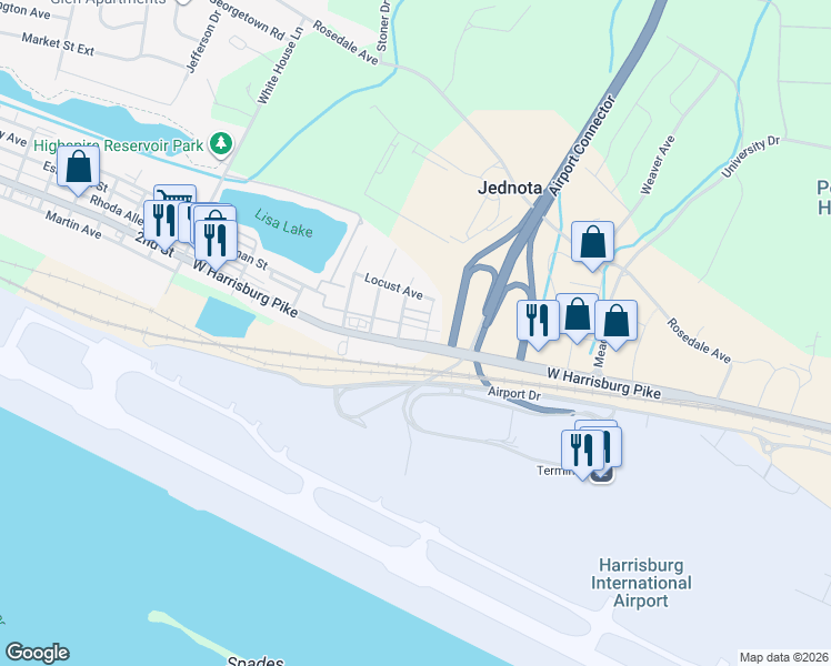 map of restaurants, bars, coffee shops, grocery stores, and more near 1885 West Harrisburg Pike in Middletown