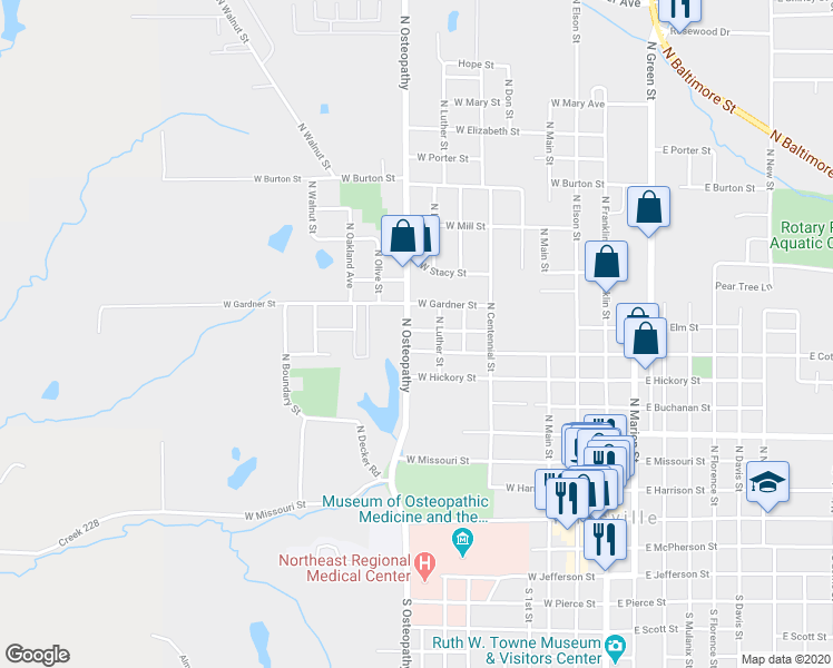 map of restaurants, bars, coffee shops, grocery stores, and more near 711 West Martha Street in Kirksville