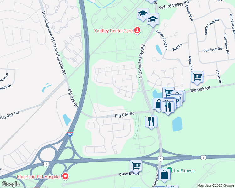 map of restaurants, bars, coffee shops, grocery stores, and more near 183 Fillmore Way in Yardley