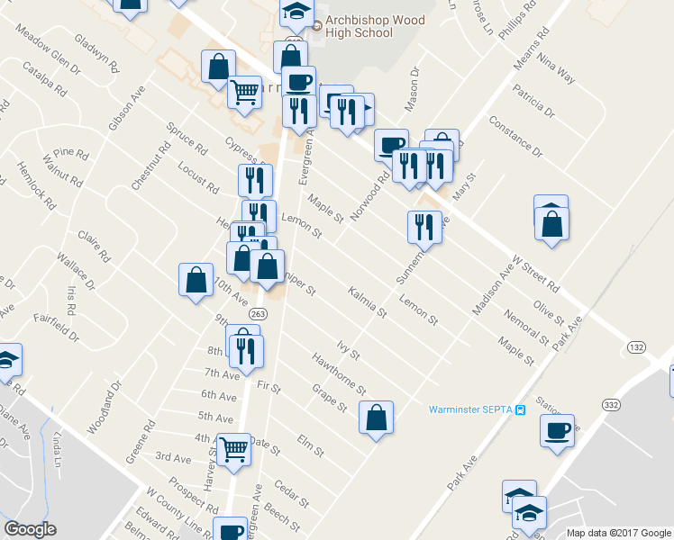 map of restaurants, bars, coffee shops, grocery stores, and more near 479 Kalmia Street in Warminster