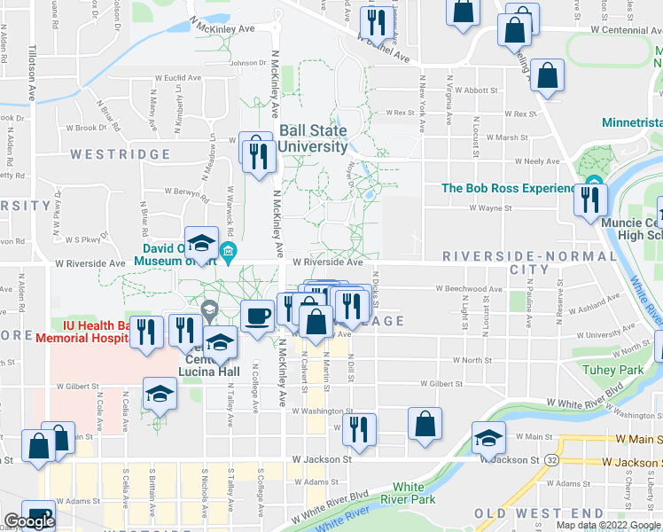map of restaurants, bars, coffee shops, grocery stores, and more near 1615 West Riverside Avenue in Muncie