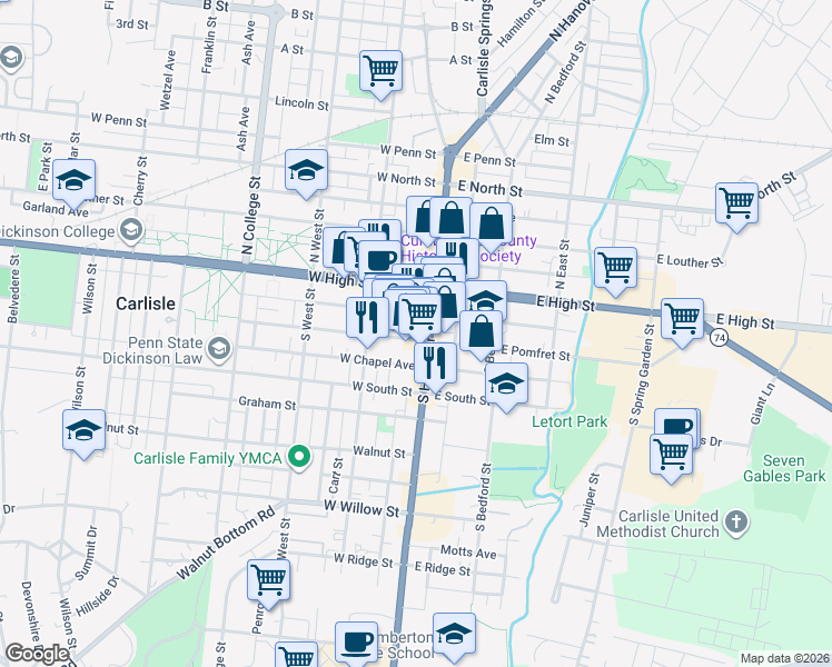 map of restaurants, bars, coffee shops, grocery stores, and more near 21 West Pomfret Street in Carlisle