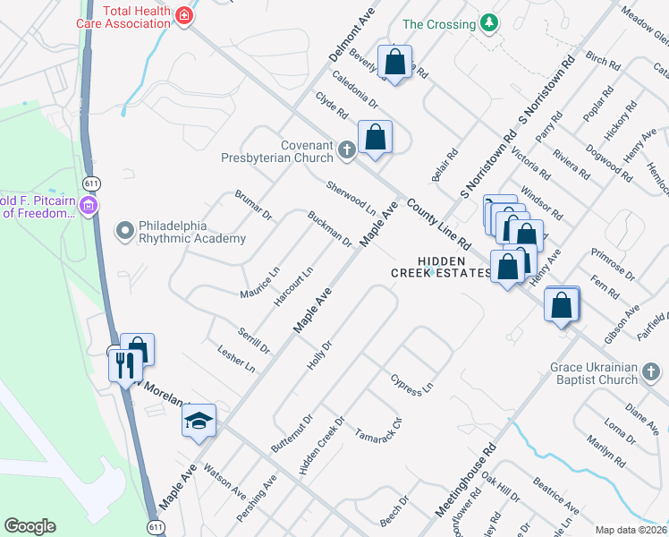 map of restaurants, bars, coffee shops, grocery stores, and more near 22 Maple Avenue in Hatboro
