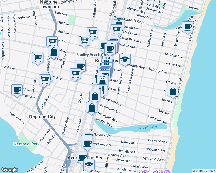 map of restaurants, bars, coffee shops, grocery stores, and more near 616 3rd Avenue in Bradley Beach