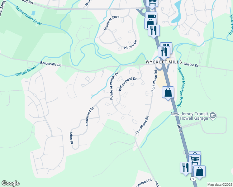 map of restaurants, bars, coffee shops, grocery stores, and more near 442 Winterberry Court in Howell Township